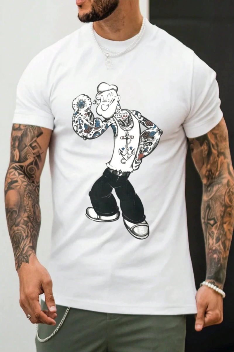 Popeye Collab Erkek Günlük Karikatür Baskılı Kısa Kollu Gömlek, Yaz