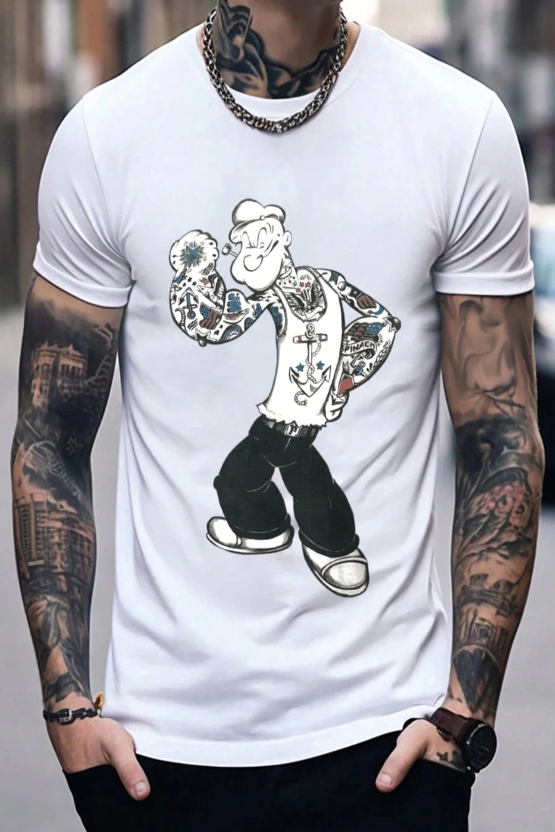 Popeye Collab Erkek Günlük Karikatür Baskılı Kısa Kollu Gömlek, Yaz