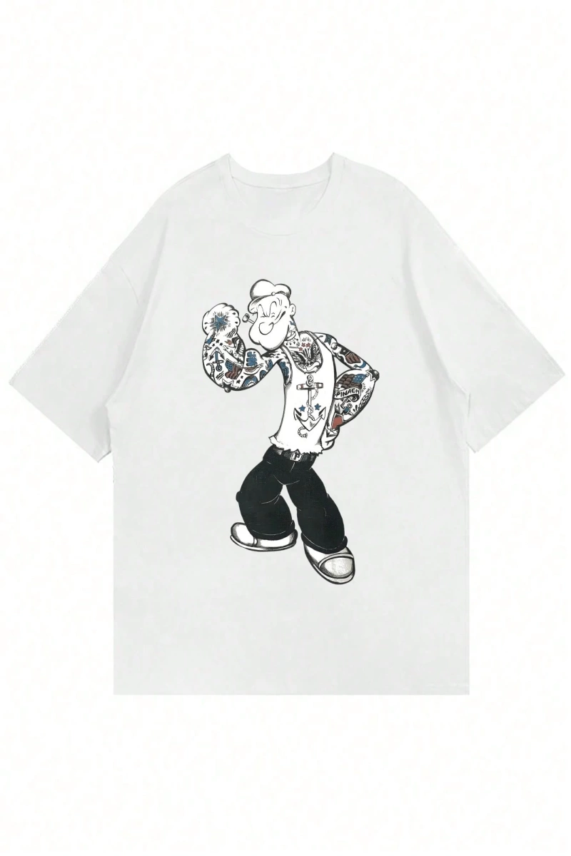 Popeye Collab Erkek Günlük Karikatür Baskılı Kısa Kollu Gömlek, Yaz