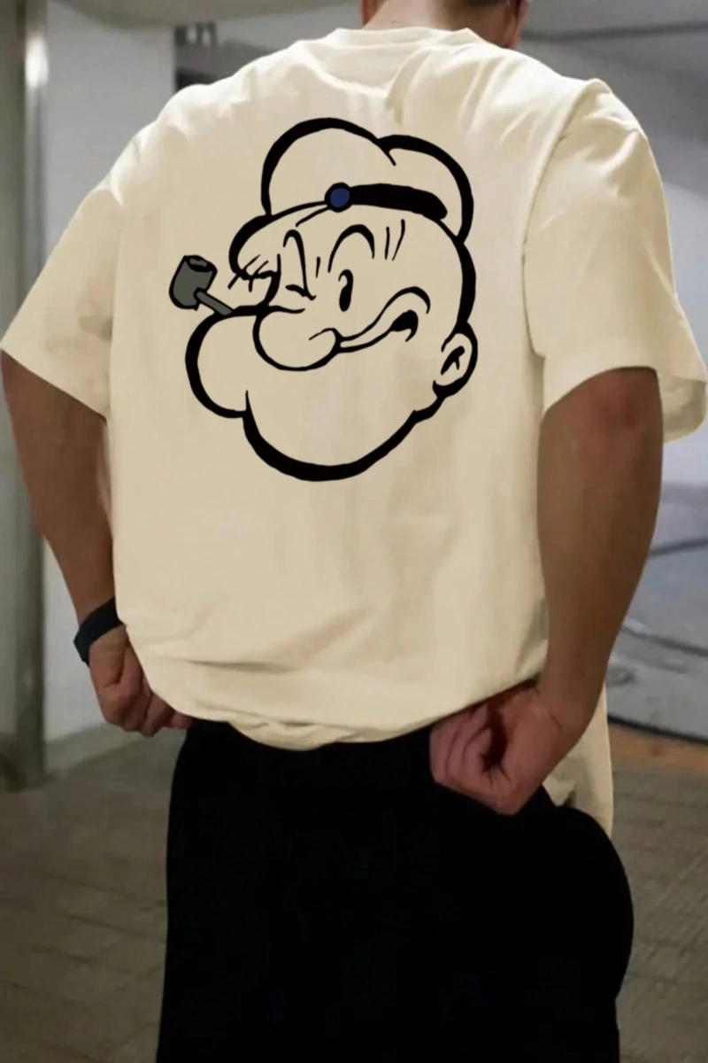 Popeye Collab Erkek Günlük Karikatür Baskılı Kısa Kollu Tişört, Yaz