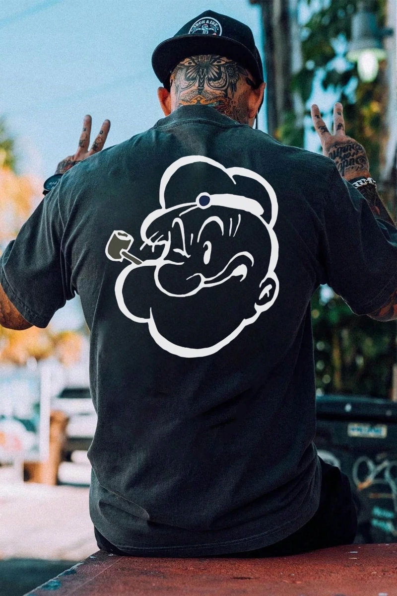Popeye Collab Erkek Günlük Karikatür Baskılı Kısa Kollu Tişört, Yaz