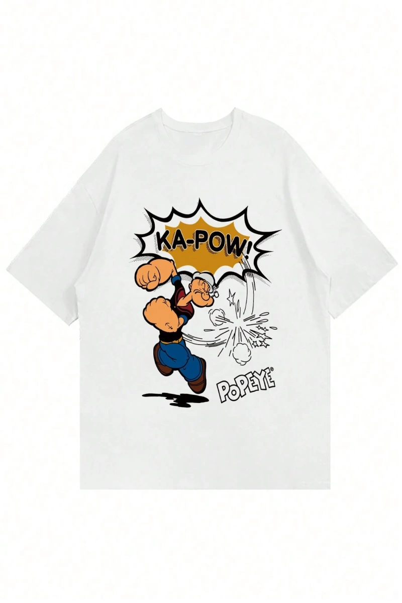Popeye Collab Erkek Günlük Karikatür Baskılı Kısa Kollu Tişört, Yaz