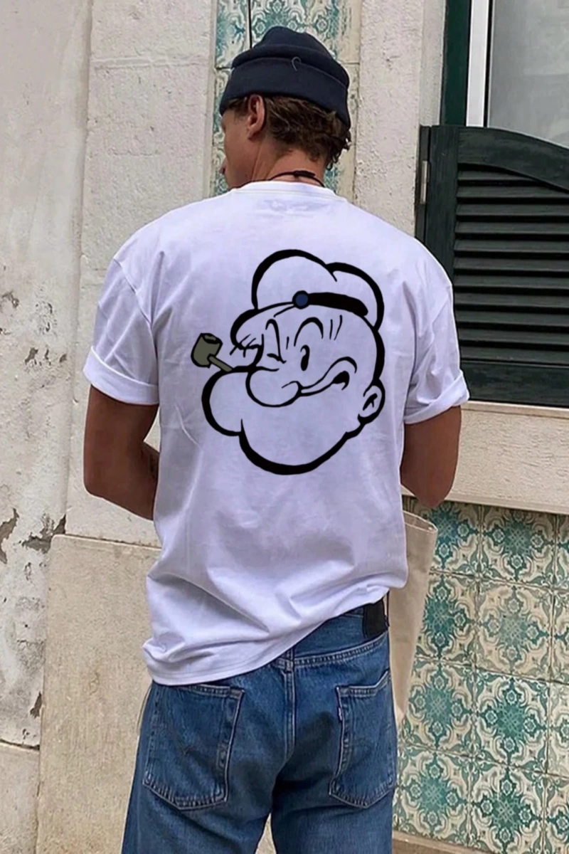 Popeye Collab Erkek Günlük Karikatür Baskılı Kısa Kollu Tişört, Yaz