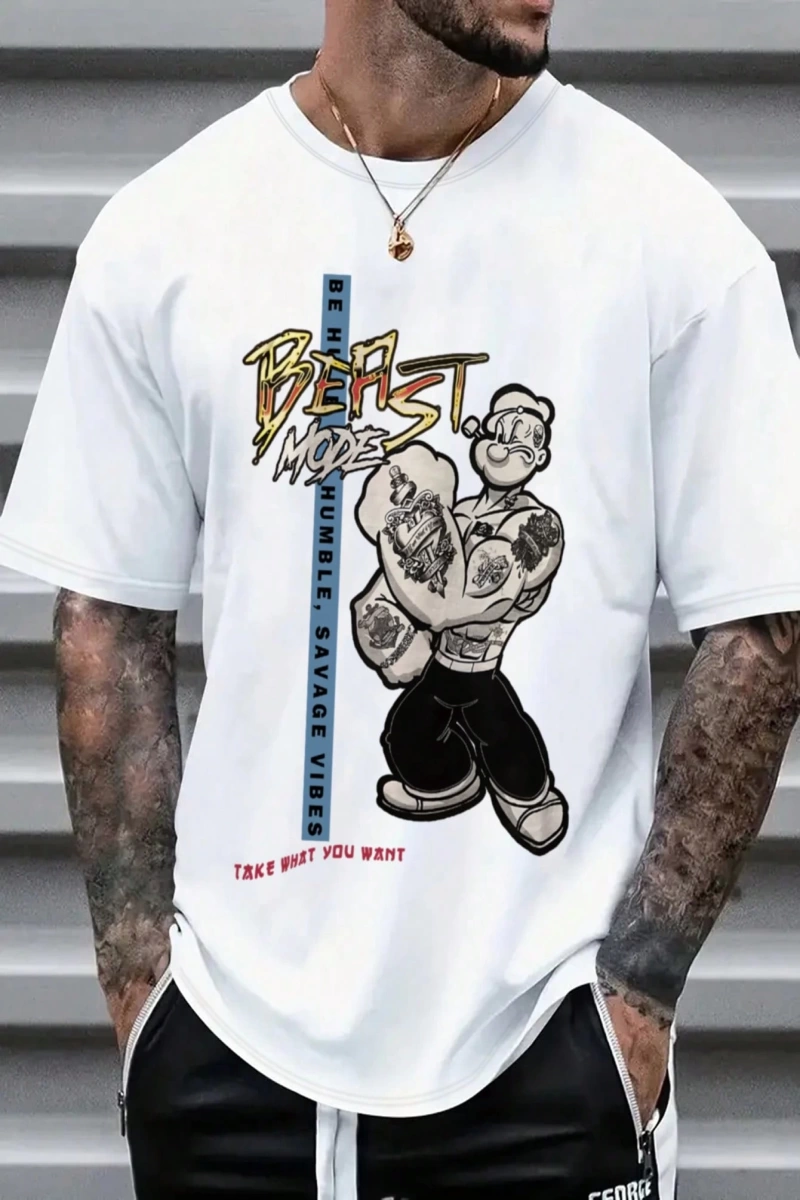 Popeye Collab Erkek Günlük Karikatür Baskılı Kısa Kollu Tişört, Yaz