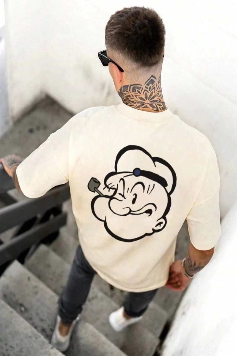 Popeye Collab Erkek Günlük Karikatür Baskılı Kısa Kollu Tişört, Yaz