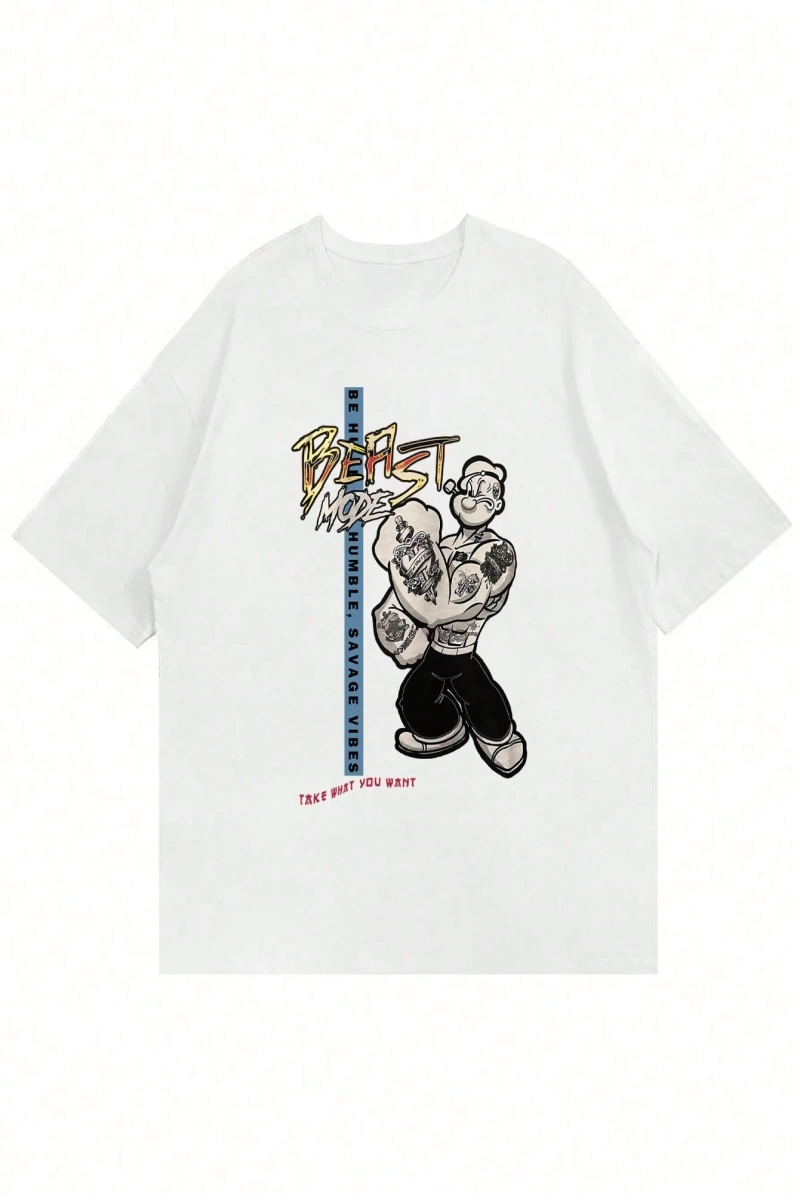 Popeye Collab Erkek Günlük Karikatür Baskılı Kısa Kollu Tişört, Yaz