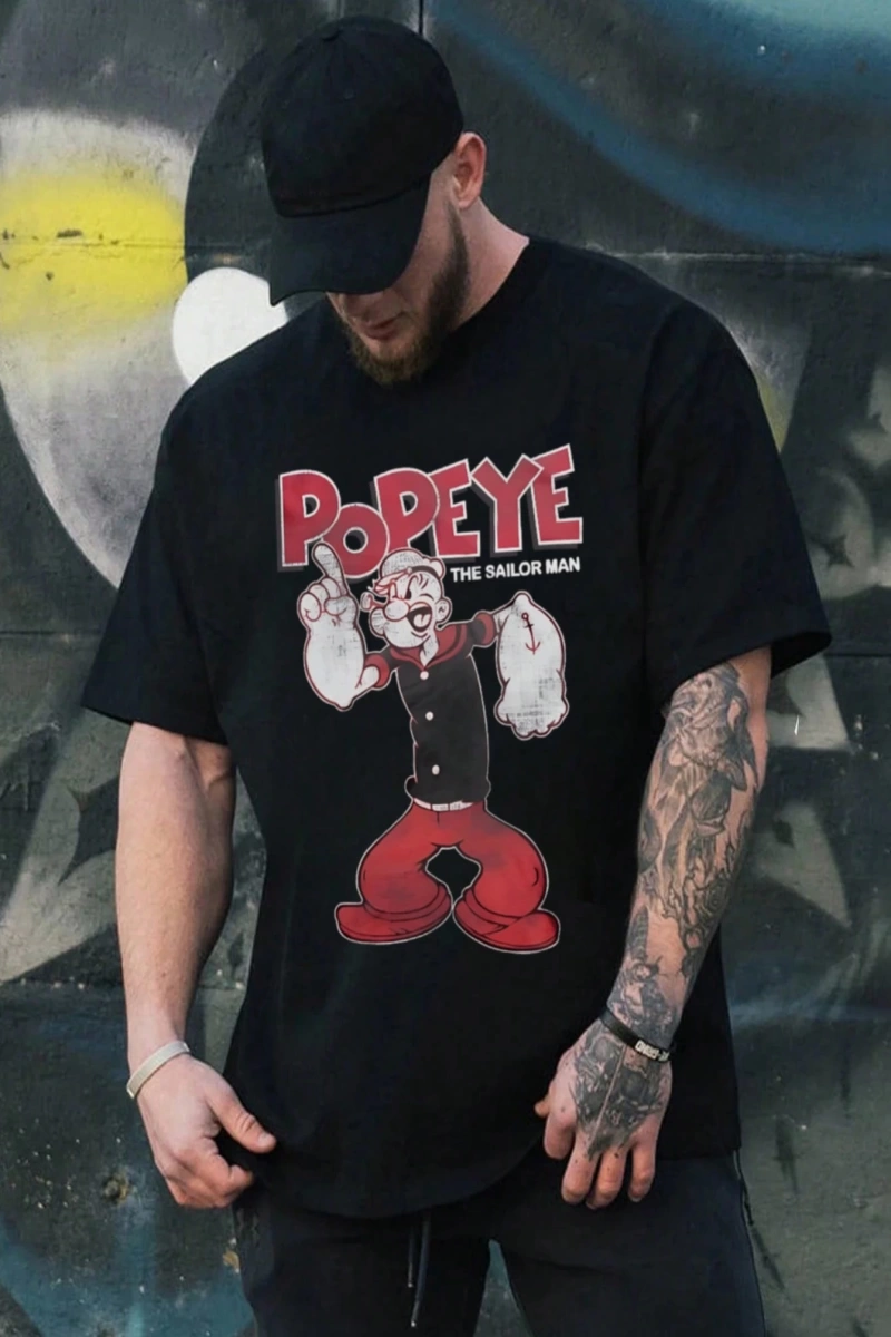 Popeye Collab Erkek Günlük Karikatür Baskılı Kısa Kollu Üst, Yaz