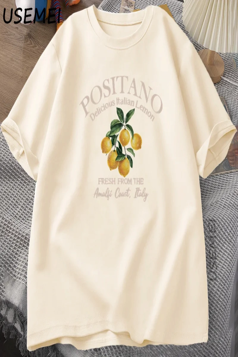 Positano Limon T-shirt İtalyan Limon Baskılı Pamuklu kısa kollu tişört Tees Büyük Boy Üstleri 2943