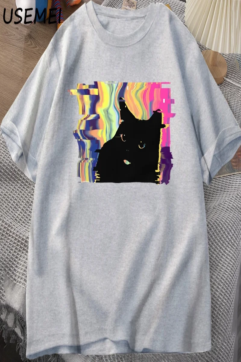 Psychedelic Kedi T Shirt Erkekler Kadınlar için Vaporwave Estetik T-shirt Harajuku Punk Tshir 3015