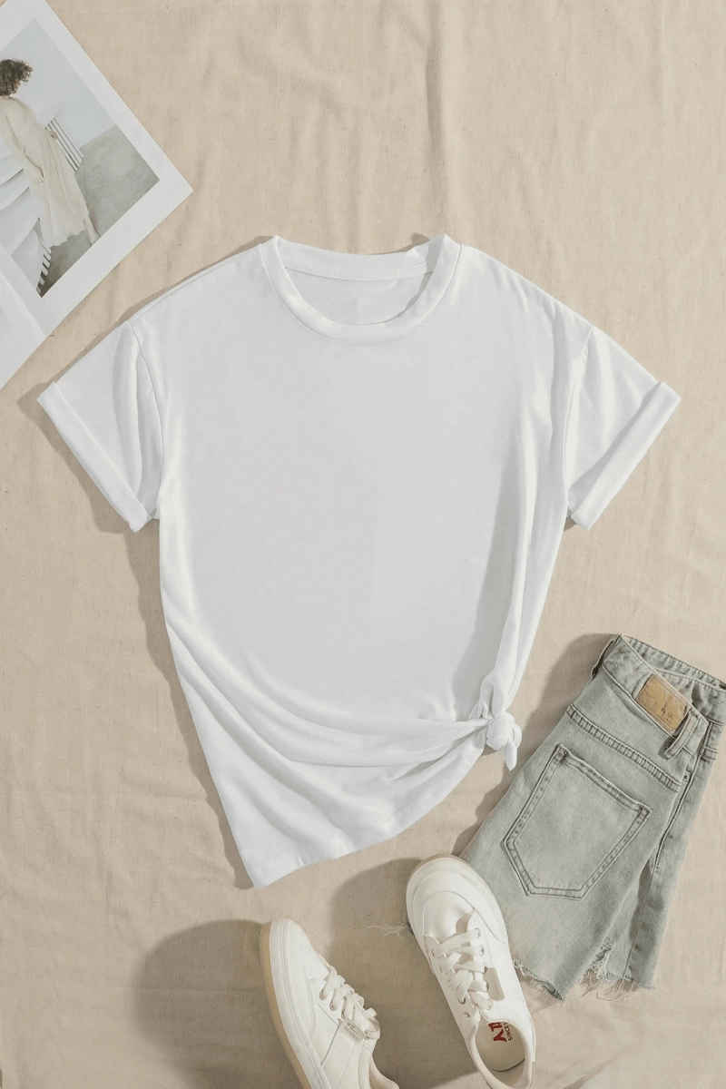 Rahat Çok Yönlü Minimalist Düz Renk Yuvarlak Yaka Kısa Kollu Tişört