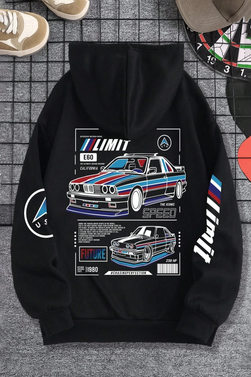 Rahat Fermuarlı Kapüşonlu Sweatshirt Araba Desenli ve Bağcıklı, Uzun Kollu Üstler Model 5190