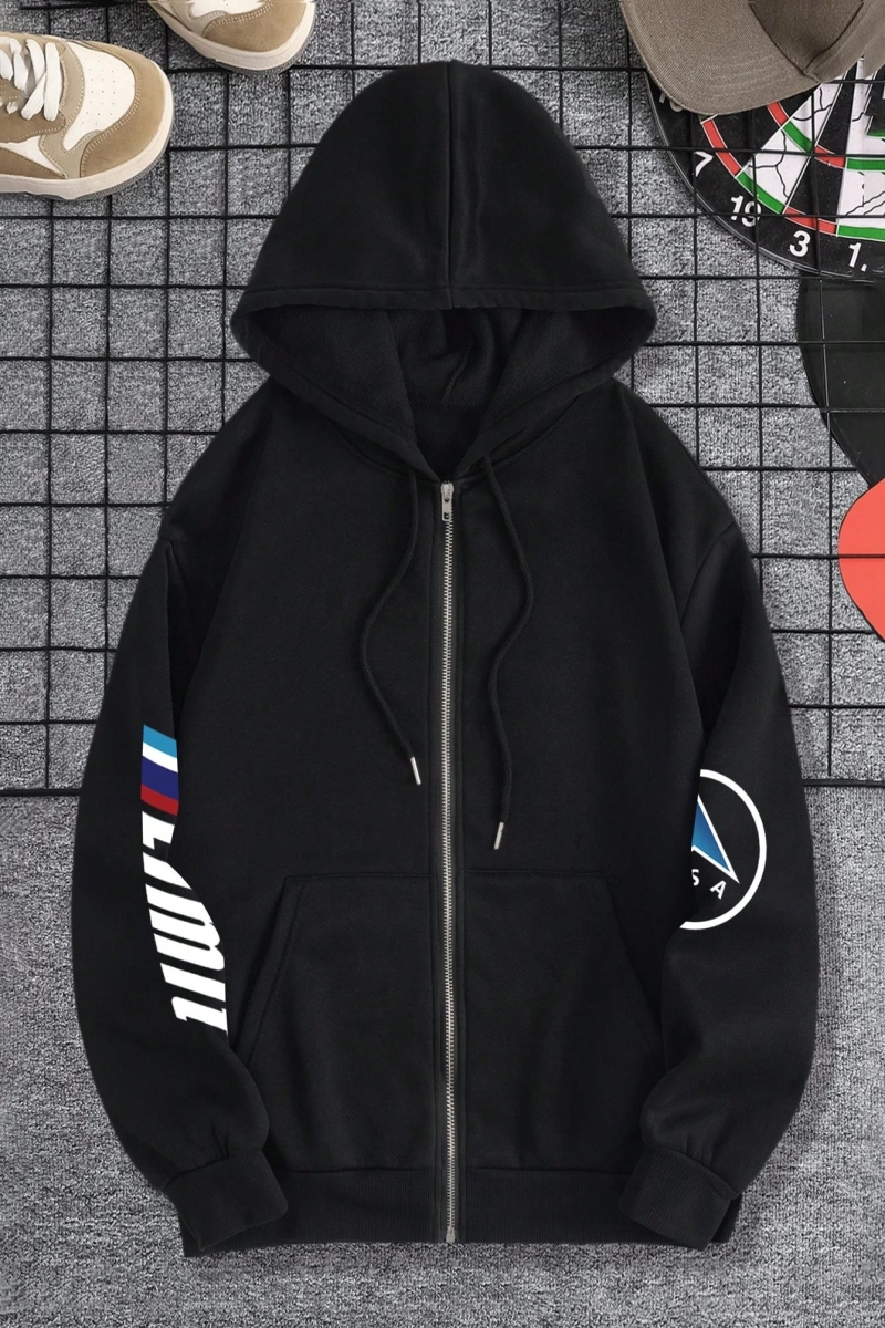 Rahat Fermuarlı Kapüşonlu Sweatshirt Araba Desenli ve Bağcıklı, Uzun Kollu Üstler Model 5190