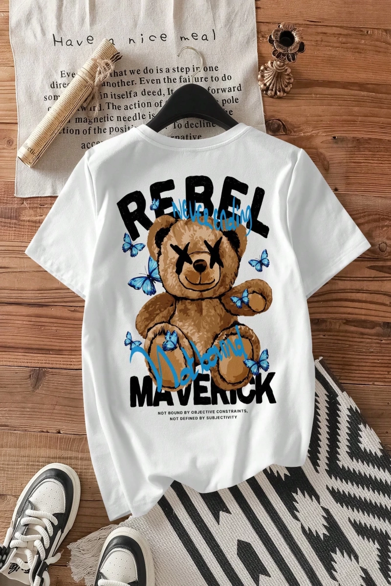 Rahat Minimalist Karikatür Ayı Desenli Bol Kesim Mürettebat Yaka Kısa Kollu Kadın Ti