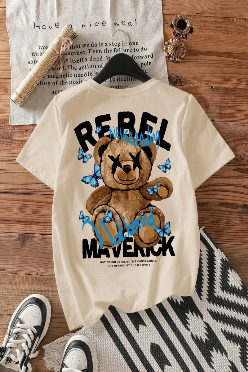 Rahat Minimalist Karikatür Ayı Desenli Bol Kesim Mürettebat Yaka Kısa Kollu Kadın Ti
