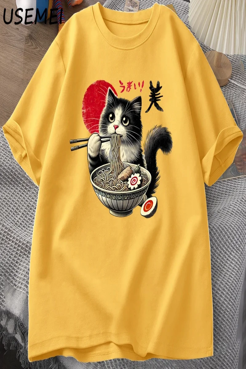 Ramen Kedi T-Shirt Erkek Kadın Japon Foodie Tee Komik Kedi Şehriye T-Shirt Komik Kitty Ramen  3010
