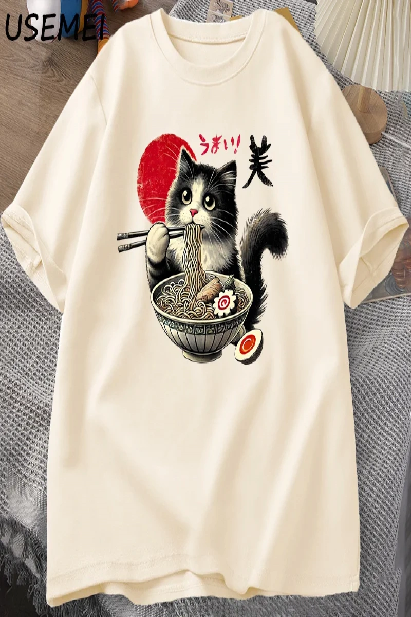 Ramen Kedi T-Shirt Erkek Kadın Japon Foodie Tee Komik Kedi Şehriye T-Shirt Komik Kitty Ramen  3010