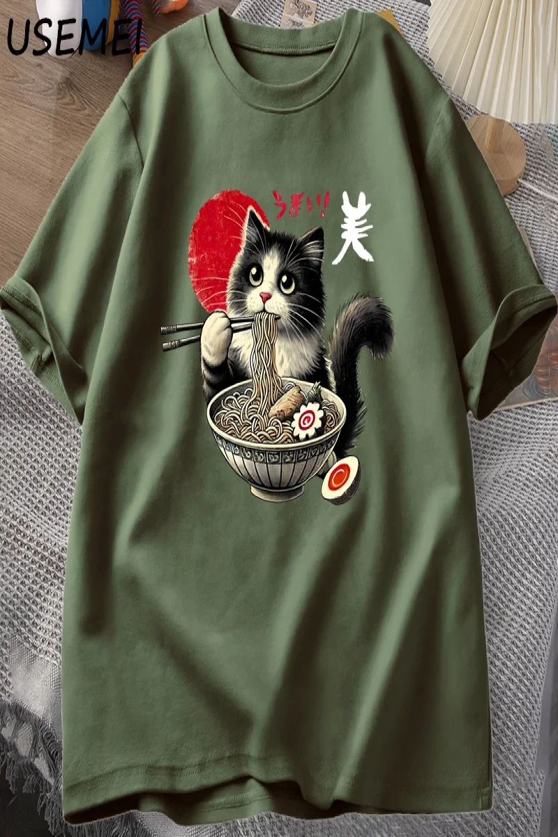 Ramen Kedi T-Shirt Erkek Kadın Japon Foodie Tee Komik Kedi Şehriye T-Shirt Komik Kitty Ramen  3010