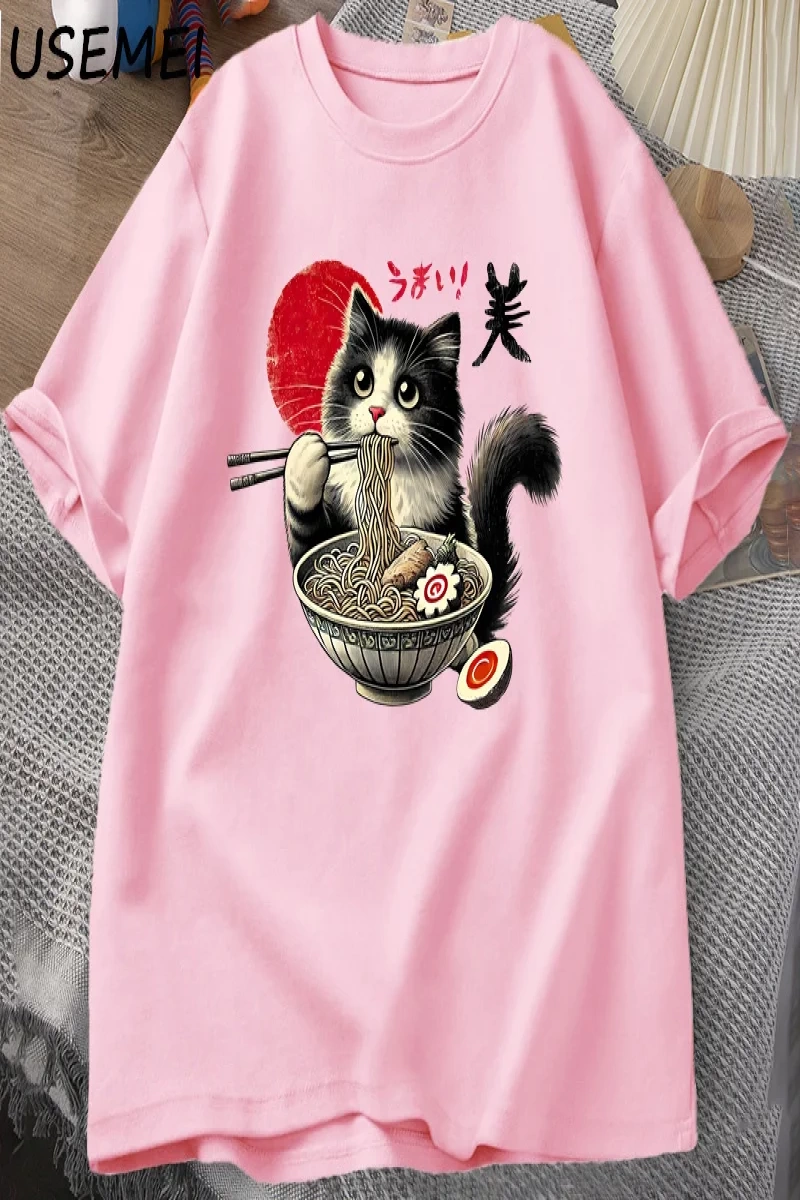 Ramen Kedi T-Shirt Erkek Kadın Japon Foodie Tee Komik Kedi Şehriye T-Shirt Komik Kitty Ramen  3010