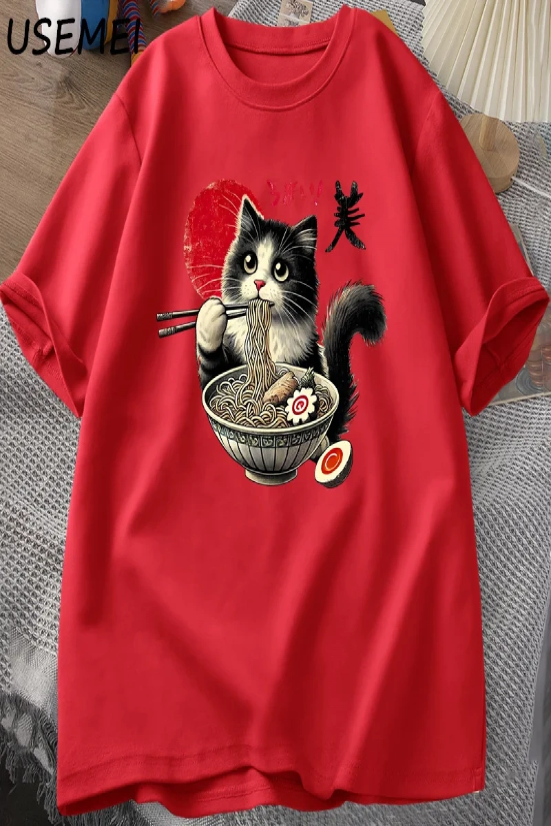 Ramen Kedi T-Shirt Erkek Kadın Japon Foodie Tee Komik Kedi Şehriye T-Shirt Komik Kitty Ramen  3010