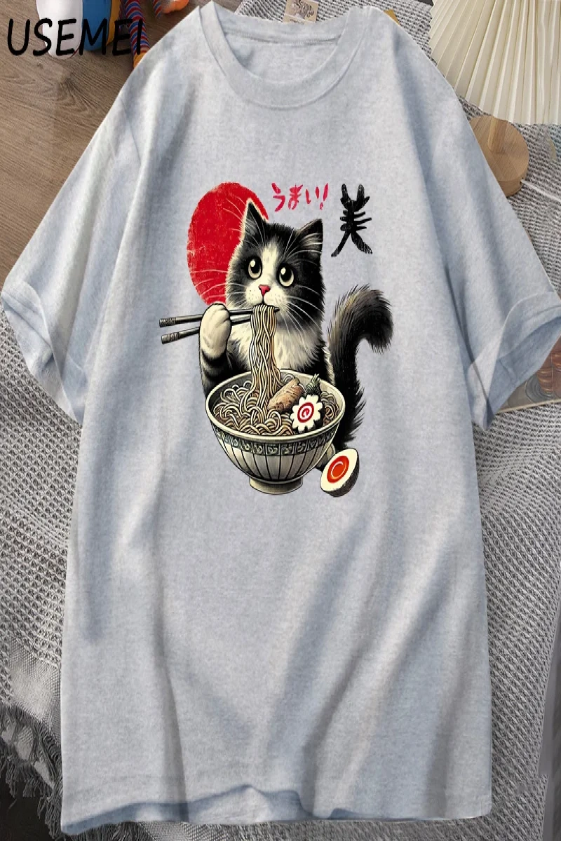 Ramen Kedi T-Shirt Erkek Kadın Japon Foodie Tee Komik Kedi Şehriye T-Shirt Komik Kitty Ramen  3010