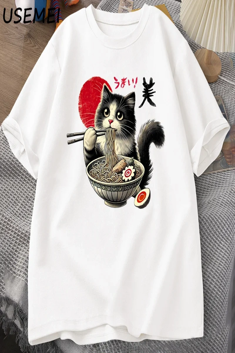 Ramen Kedi T-Shirt Erkek Kadın Japon Foodie Tee Komik Kedi Şehriye T-Shirt Komik Kitty Ramen  3010