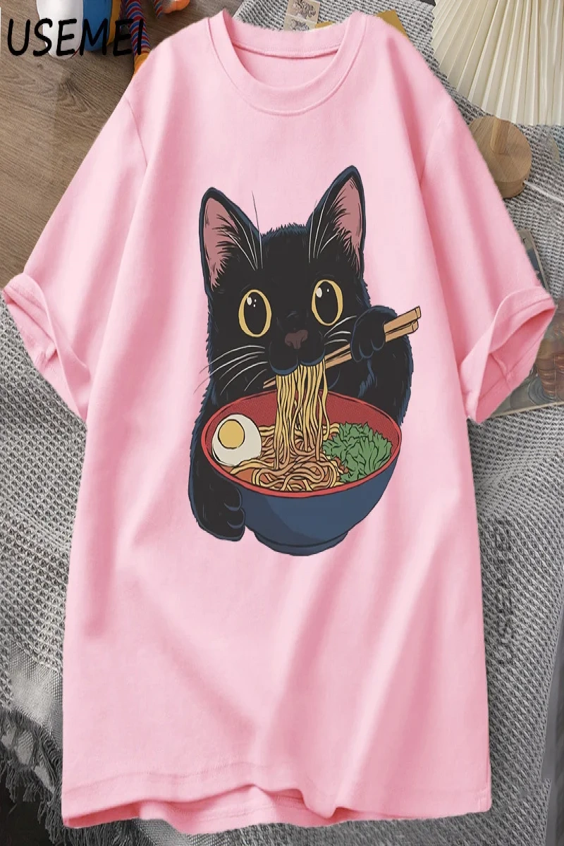 Ramen Kedi Tshirt Japon Tarzı Kedi Sevgilisi T-Shirt Kawaii Karikatür Pamuk Kısa Kollu T Shir 2863