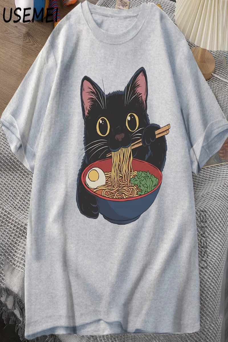 Ramen Kedi Tshirt Japon Tarzı Kedi Sevgilisi T-Shirt Kawaii Karikatür Pamuk Kısa Kollu T Shir 2863