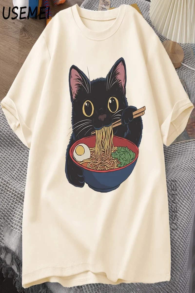 Ramen Kedi Tshirt Japon Tarzı Kedi Sevgilisi T-Shirt Kawaii Karikatür Pamuk Kısa Kollu T Shir 2863