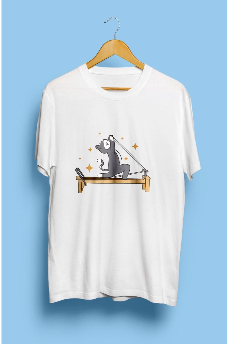 Reformer Pilates Spor Sporcu Çalışkan Kedi Tasarım Baskılı Unisex Tişört