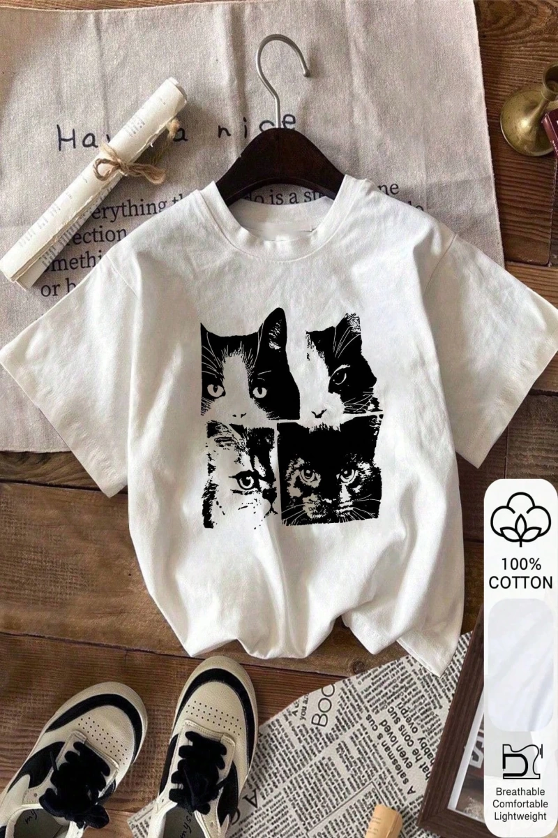 Retro Kedi Baskısı, Yazlık Kadın %100 Pamuklu Kısa Kollu, Beyaz Kısa Kollu, Grafik Tişörtler,