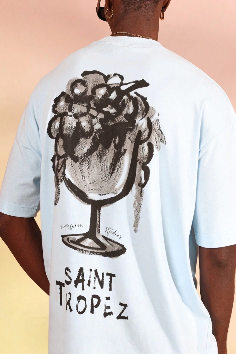 Saint Tropez Grafik Tişört Büyük Boy Rahat Fransız Rivierası Şarap Bardağı Baskılı Yaz