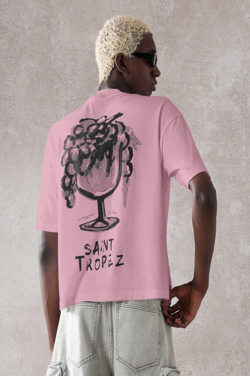Saint Tropez Grafik Tişört Büyük Boy Rahat Fransız Rivierası Şarap Bardağı Baskılı Yaz