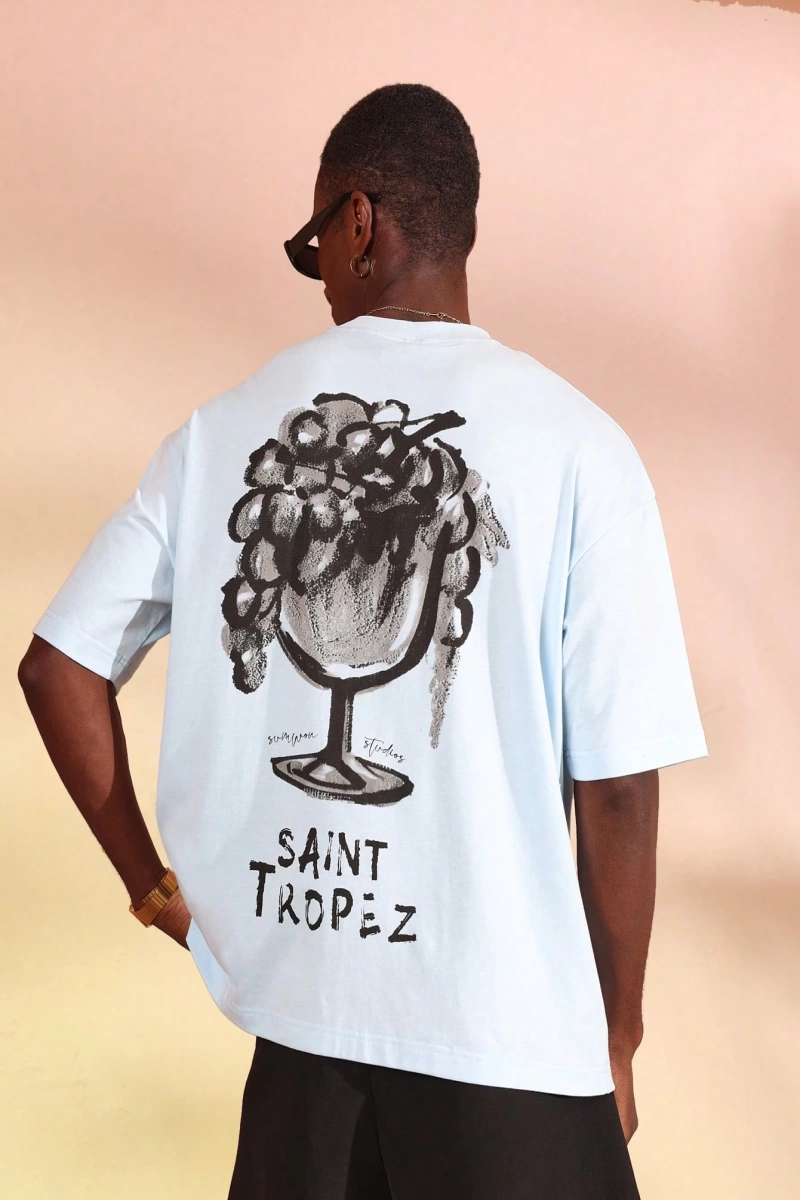 Saint Tropez Grafik Tişört Büyük Boy Rahat Fransız Rivierası Şarap Bardağı Baskılı Yaz