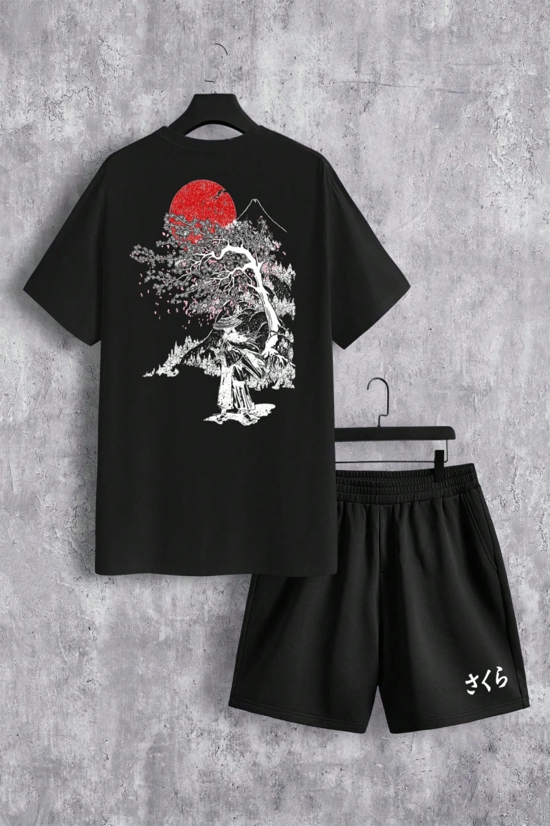 Samurai Sakura Japon Tarzı Grafik Baskılı Rahat Tişört Seti Erkekler İ
