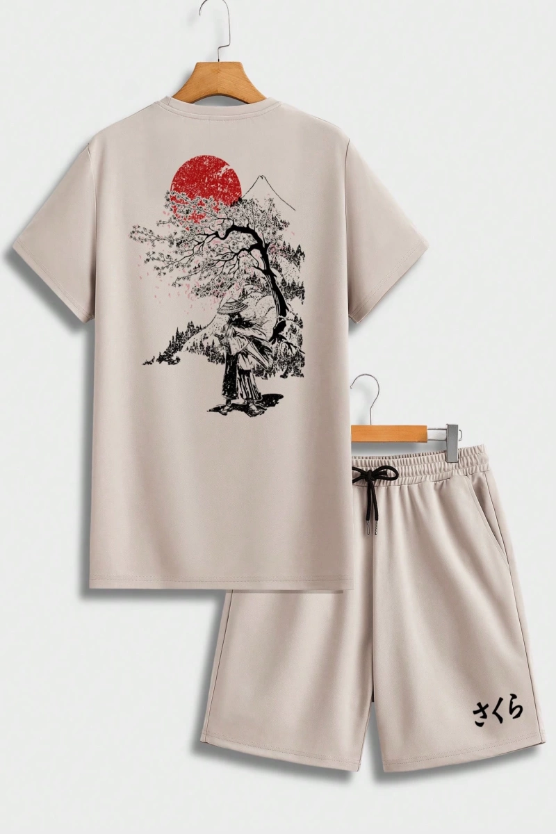 Samurai Sakura Japon Tarzı Grafik Baskılı Rahat Tişört Seti Erkekler İ