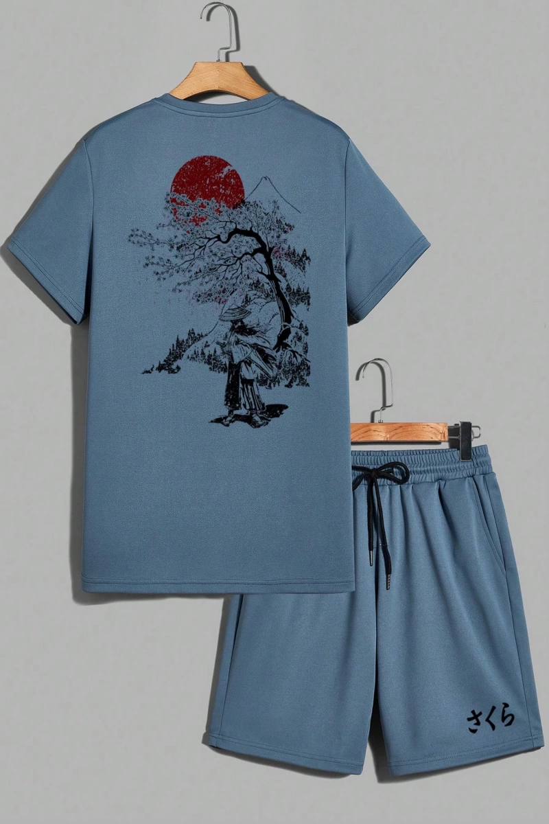 Samurai Sakura Japon Tarzı Grafik Baskılı Rahat Tişört Seti Erkekler İ