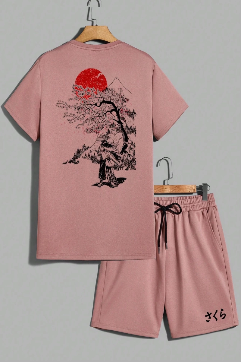 Samurai Sakura Japon Tarzı Grafik Baskılı Rahat Tişört Seti Erkekler İ