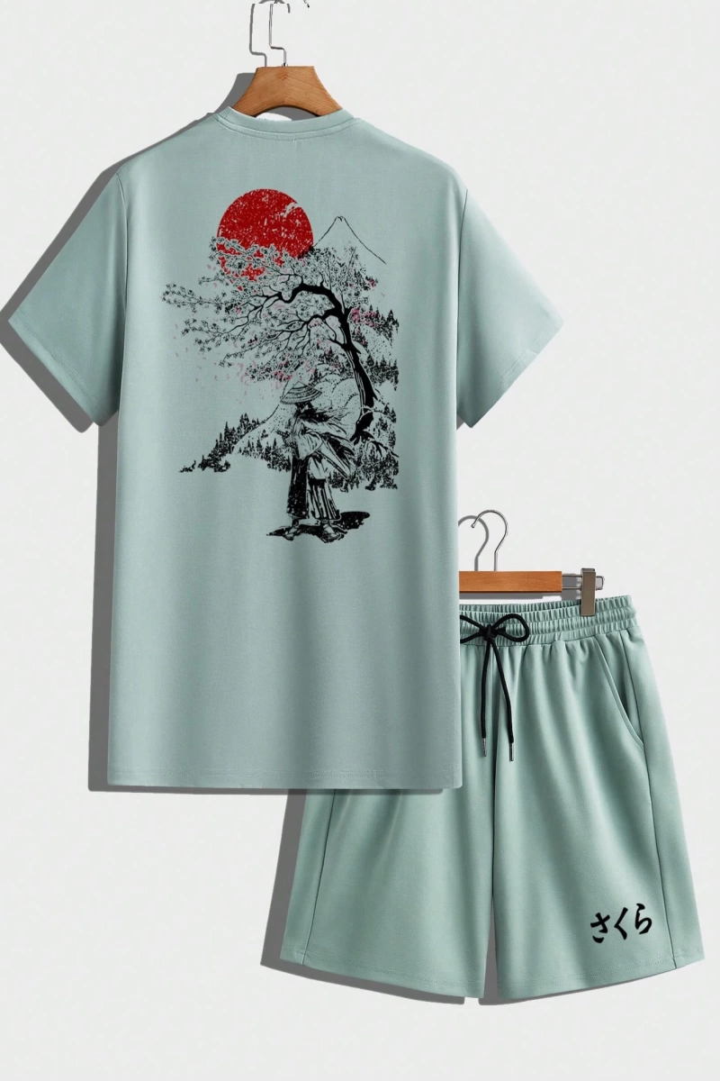 Samurai Sakura Japon Tarzı Grafik Baskılı Rahat Tişört Seti Erkekler İ