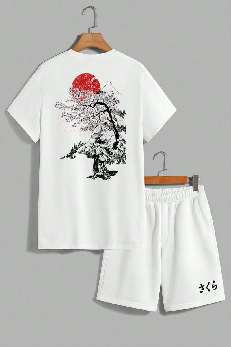 Samurai Sakura Japon Tarzı Grafik Baskılı Rahat Tişört Seti Erkekler İ