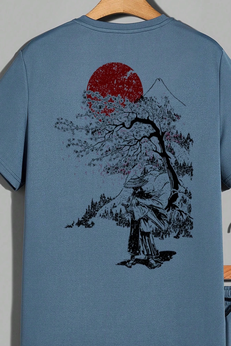 Samurai Sakura Japon Tarzı Grafik Baskılı Rahat Tişört Seti Erkekler İ
