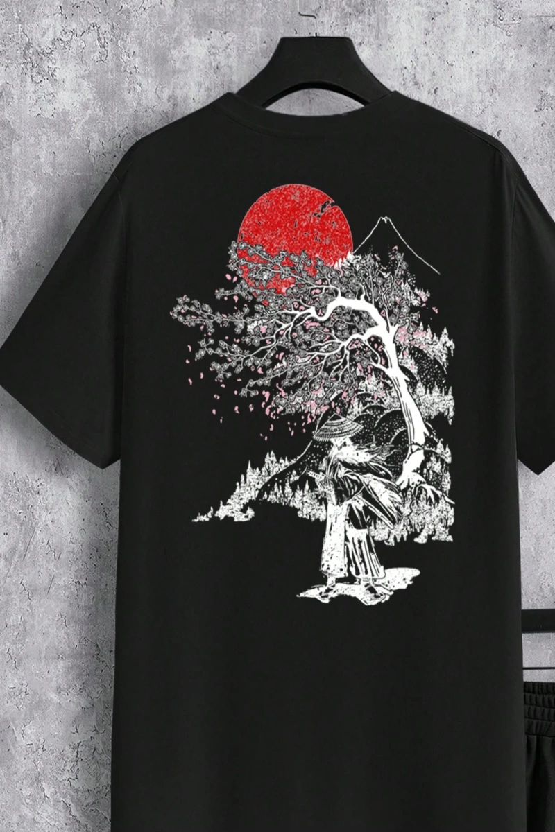 Samurai Sakura Japon Tarzı Grafik Baskılı Rahat Tişört Seti Erkekler İ