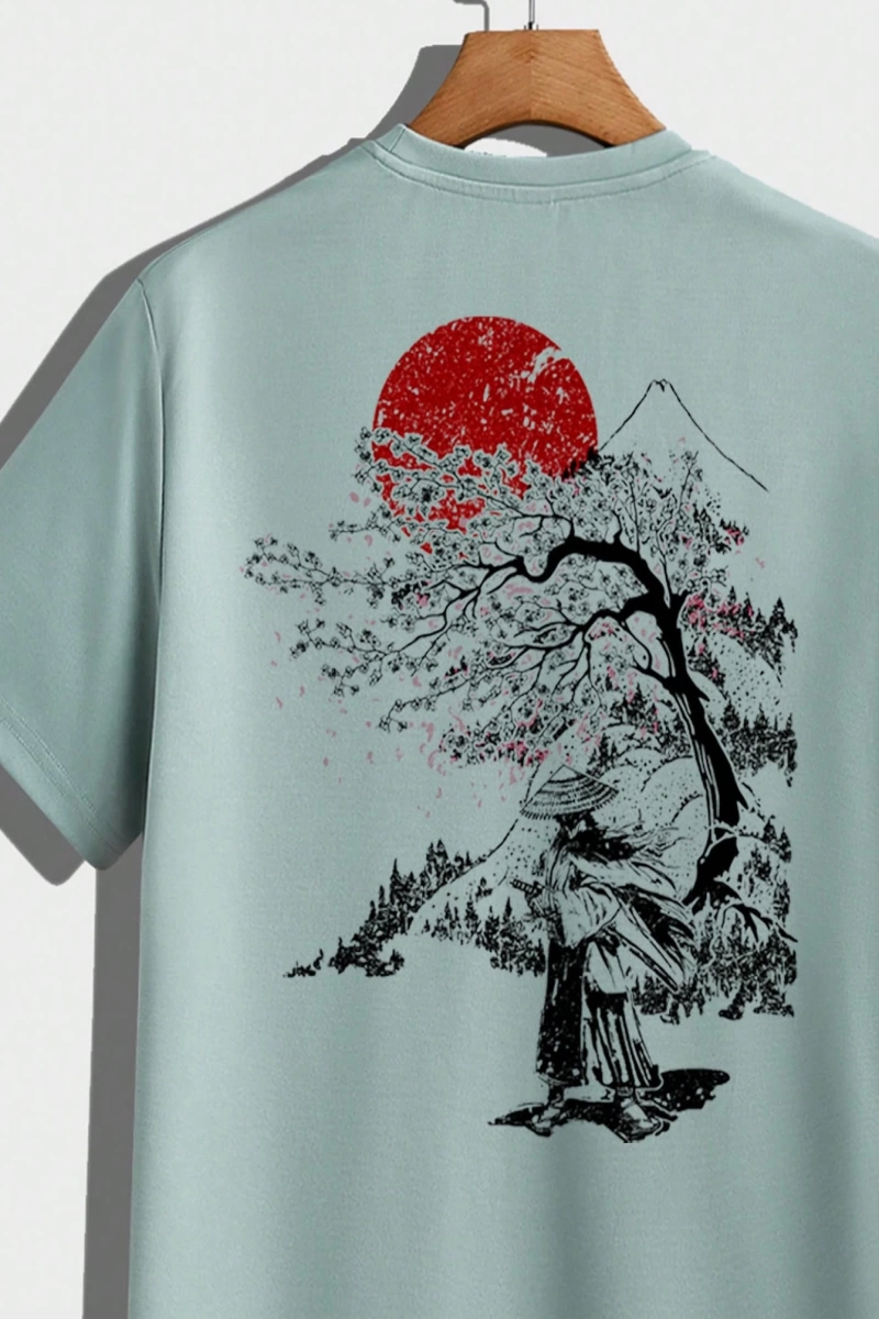 Samurai Sakura Japon Tarzı Grafik Baskılı Rahat Tişört Seti Erkekler İ