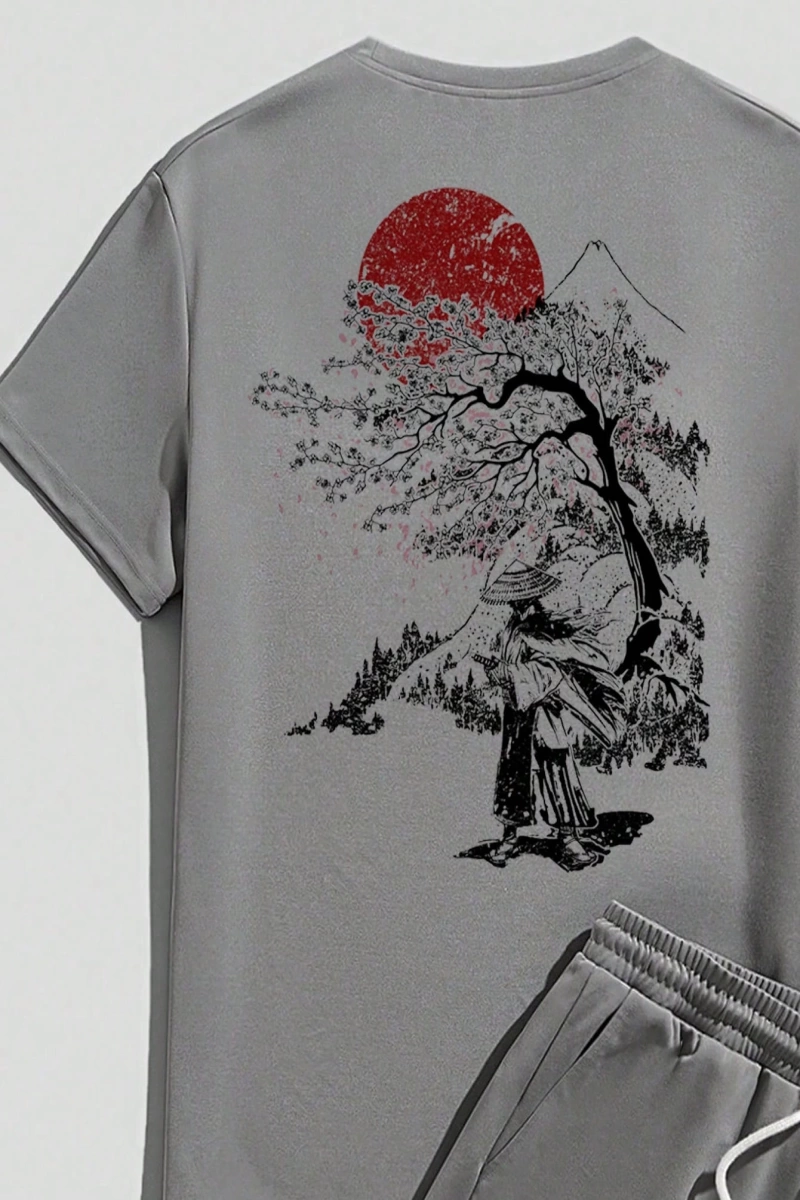 Samurai Sakura Japon Tarzı Grafik Baskılı Rahat Tişört Seti Erkekler İ