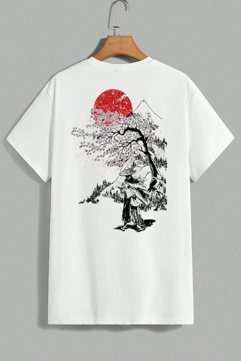 Samurai Sakura Japon Tarzı Grafik Baskılı Rahat Tişört Seti Erkekler İ