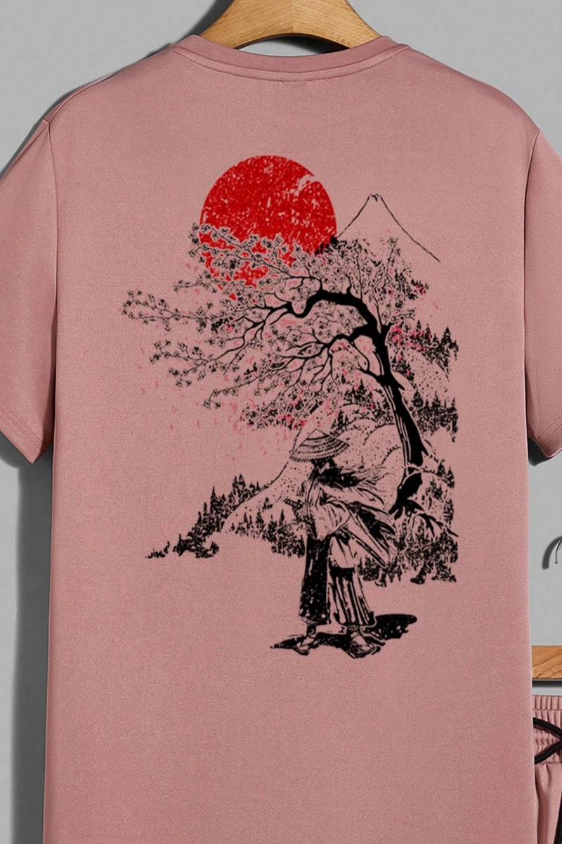 Samurai Sakura Japon Tarzı Grafik Baskılı Rahat Tişört Seti Erkekler İ