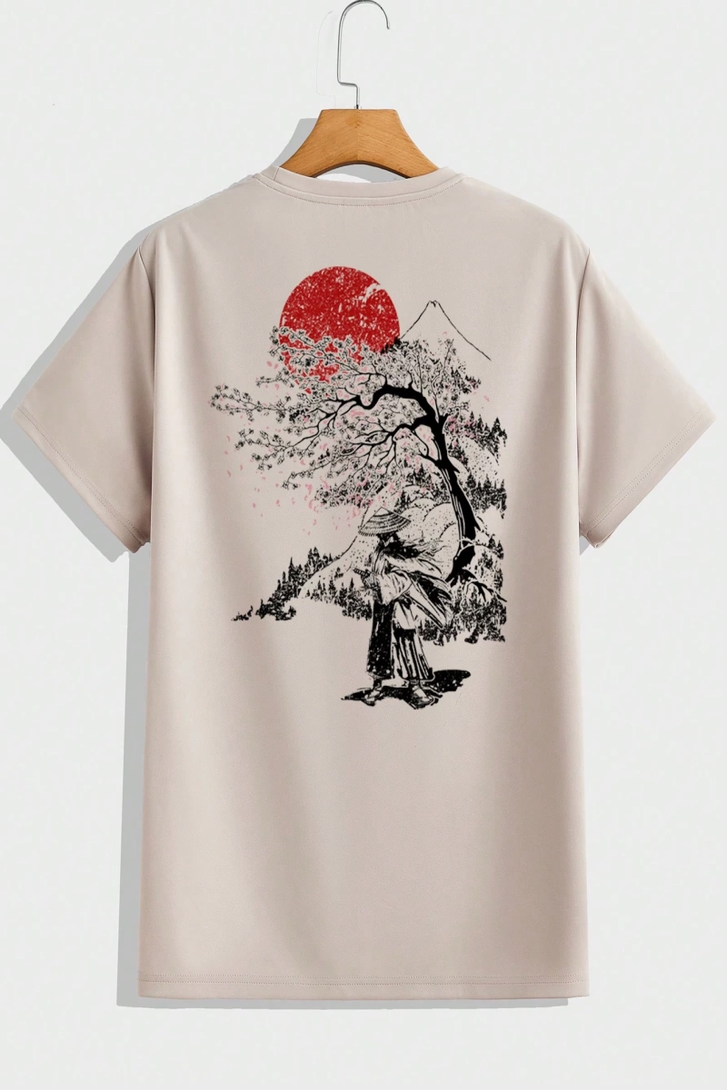 Samurai Sakura Japon Tarzı Grafik Baskılı Rahat Tişört Seti Erkekler İ