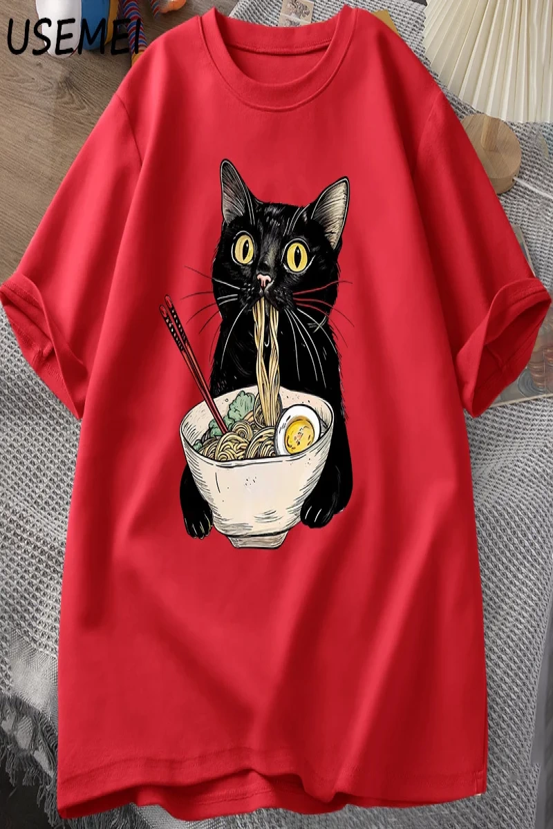 Şehriye Ramen Kedi T-Shirt Foodie Lover T Shirt Siyah Kedi Şehriye T-Shirt Retro Rahat Kısa K 2809
