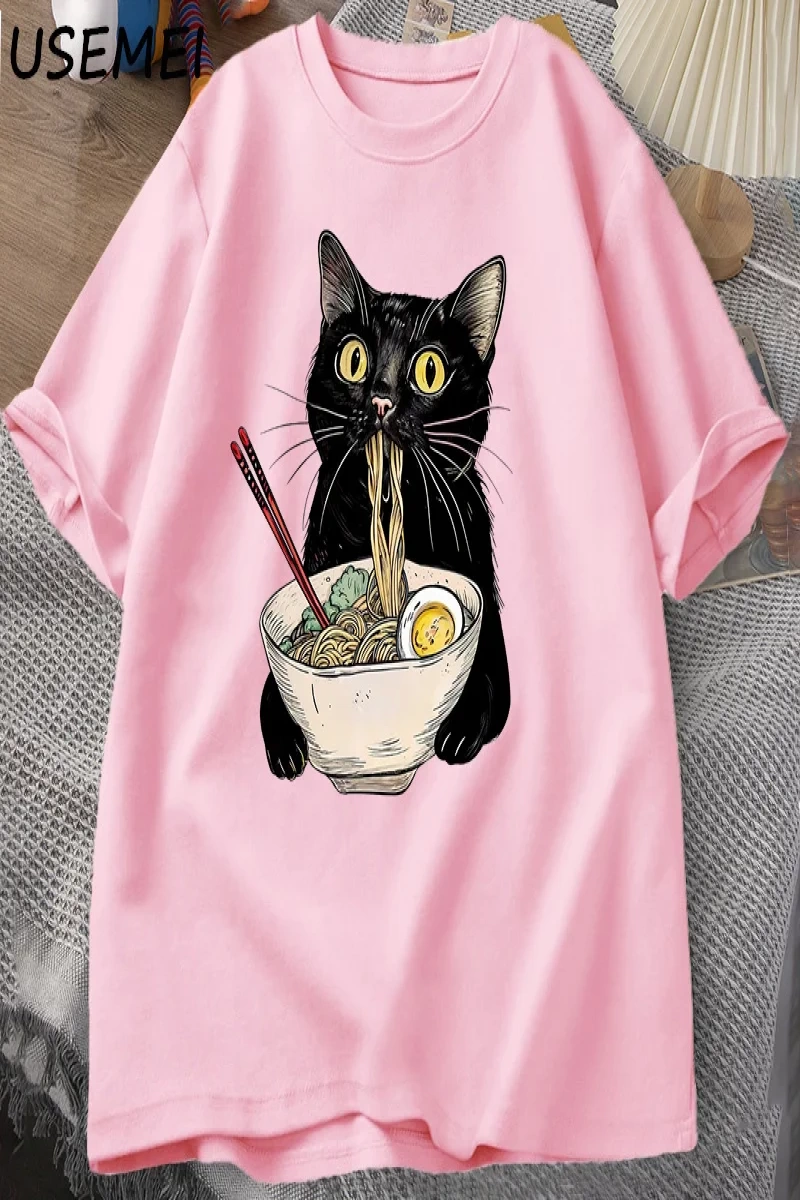 Şehriye Ramen Kedi T-Shirt Foodie Lover T Shirt Siyah Kedi Şehriye T-Shirt Retro Rahat Kısa K 2809