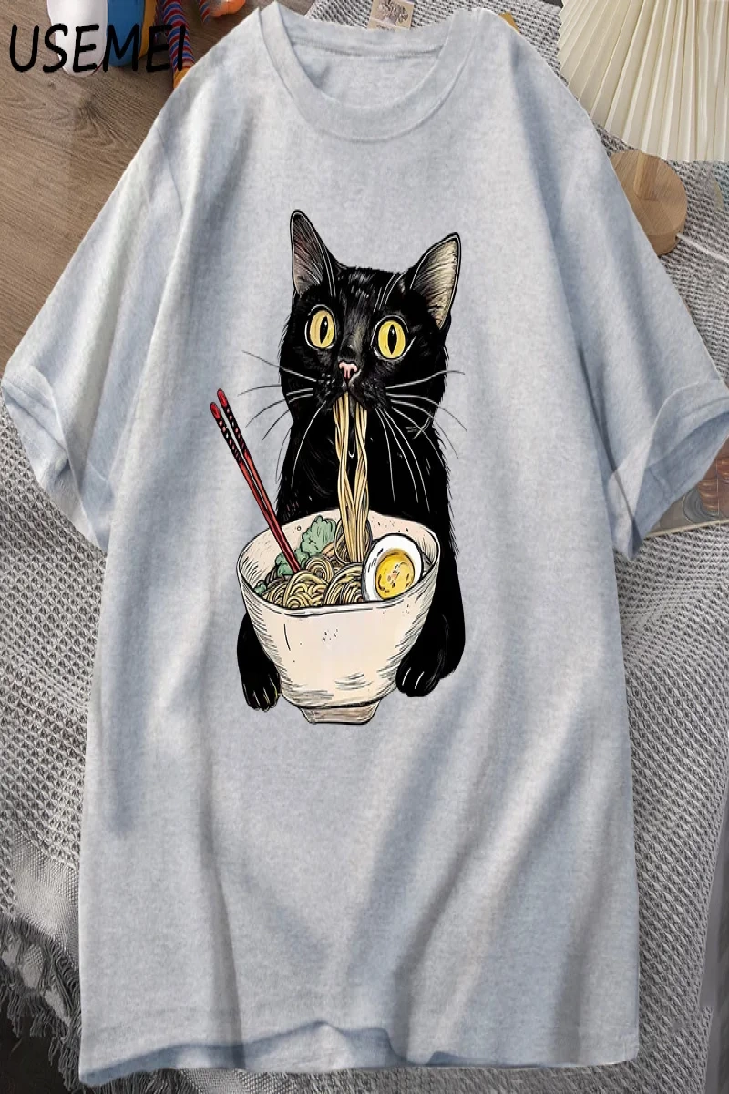 Şehriye Ramen Kedi T-Shirt Foodie Lover T Shirt Siyah Kedi Şehriye T-Shirt Retro Rahat Kısa K 2809
