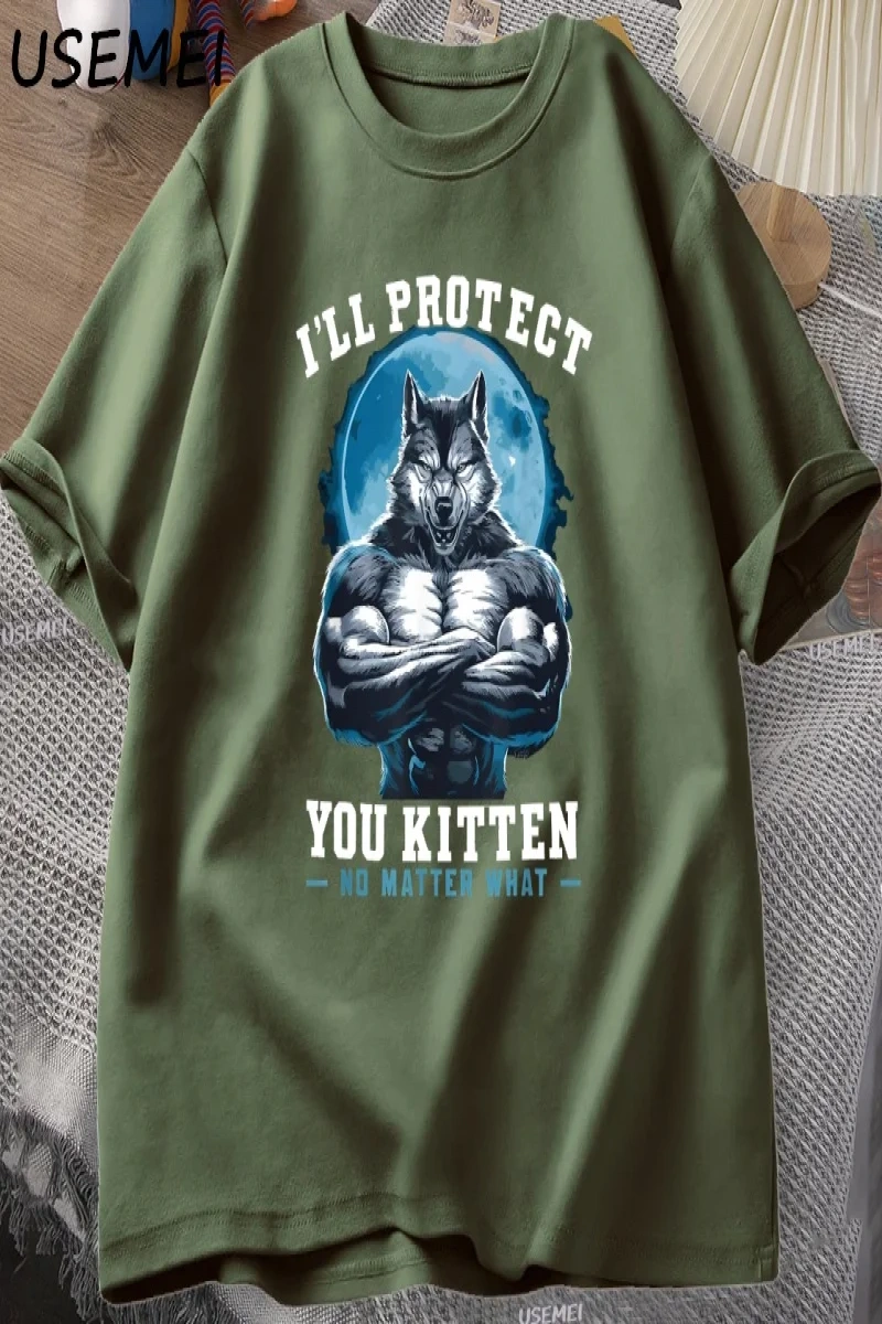 Seni koruyeceğim yavru kedi olursa olsun t-shirt erkekler komik kurt T Shirt yaz Tees Tops pa 3064